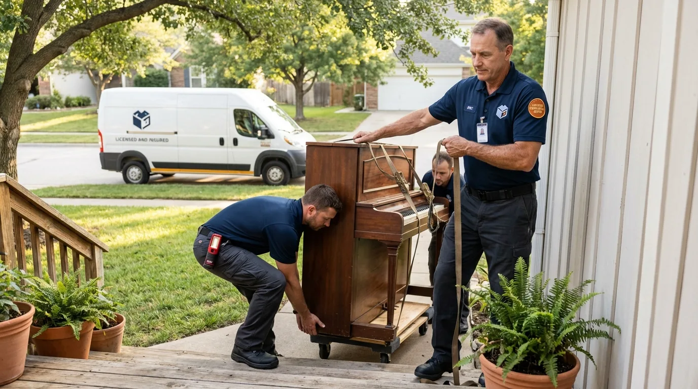 Licensed piano movers securing grand piano in Winder, GA