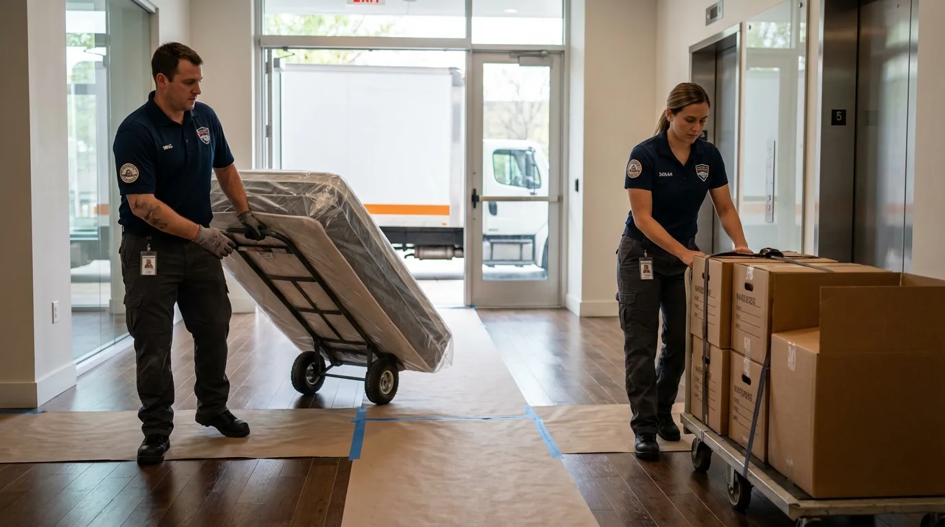 Professional apartment movers loading elevator in Winder, GA