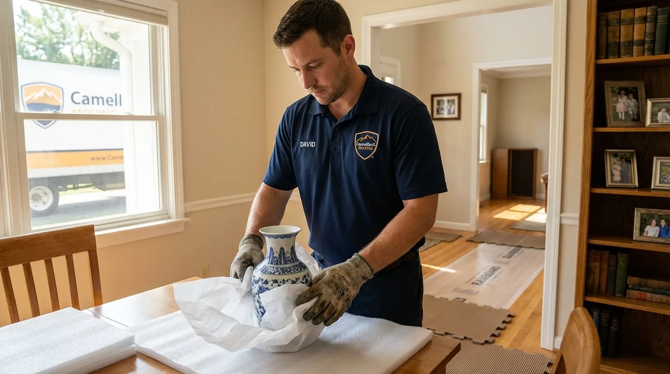 Professional crew carefully wrapping antique vase for senior downsizing move in Winder, GA